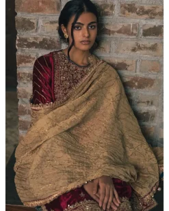 Red Three Kali Velvet Kurta Set