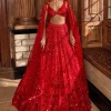 Red Tonal Floral Sequin Lehenga Set