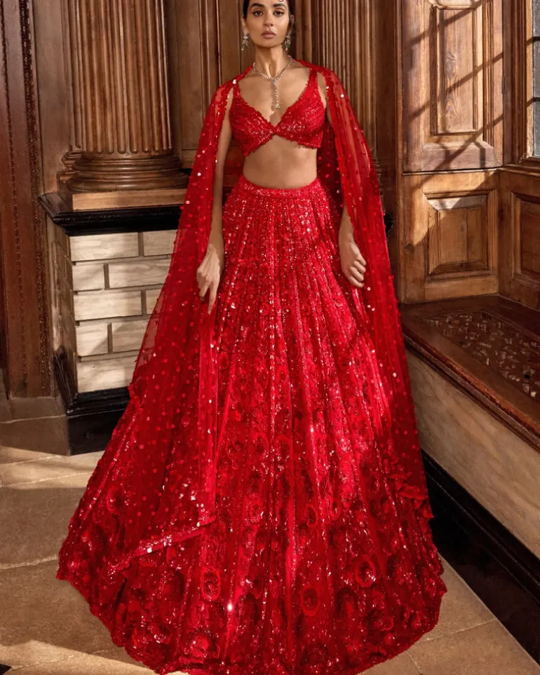 Red Tonal Floral Sequin Lehenga Set