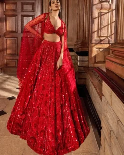 Red Tonal Floral Sequin Lehenga Set