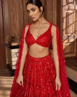 Red Tonal Floral Sequin Lehenga Set