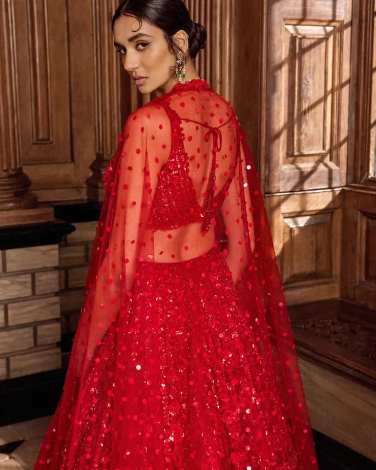 Red Tonal Floral Sequin Lehenga Set