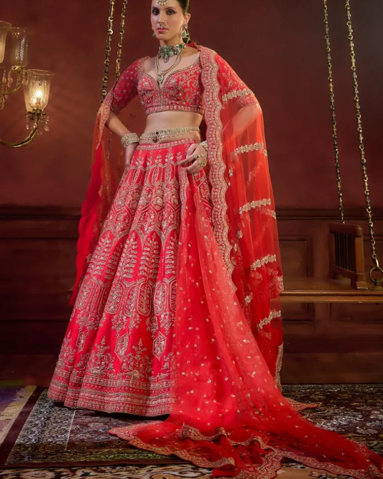 Red Wave Floral Lehenga Set
