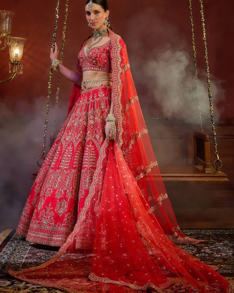 Red Wave Floral Lehenga Set