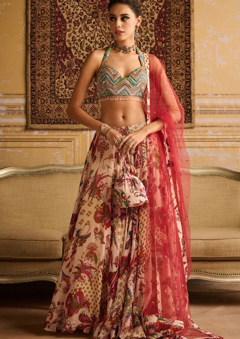 Red Zig-Zag Butta Print Embroidered Blouse And Lehenga Set