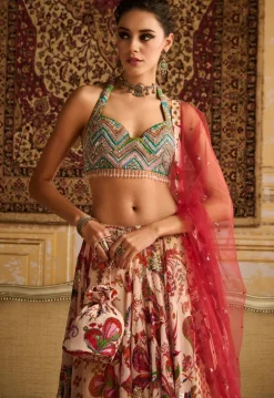 Red Zig-Zag Butta Print Embroidered Blouse And Lehenga Set