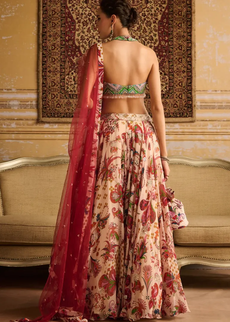Red Zig-Zag Butta Print Embroidered Blouse And Lehenga Set