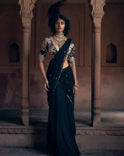 Romantic Black Pre- Draped Cocktail Sari Set