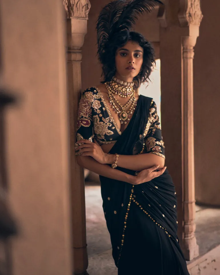 Romantic Black Pre- Draped Cocktail Sari Set