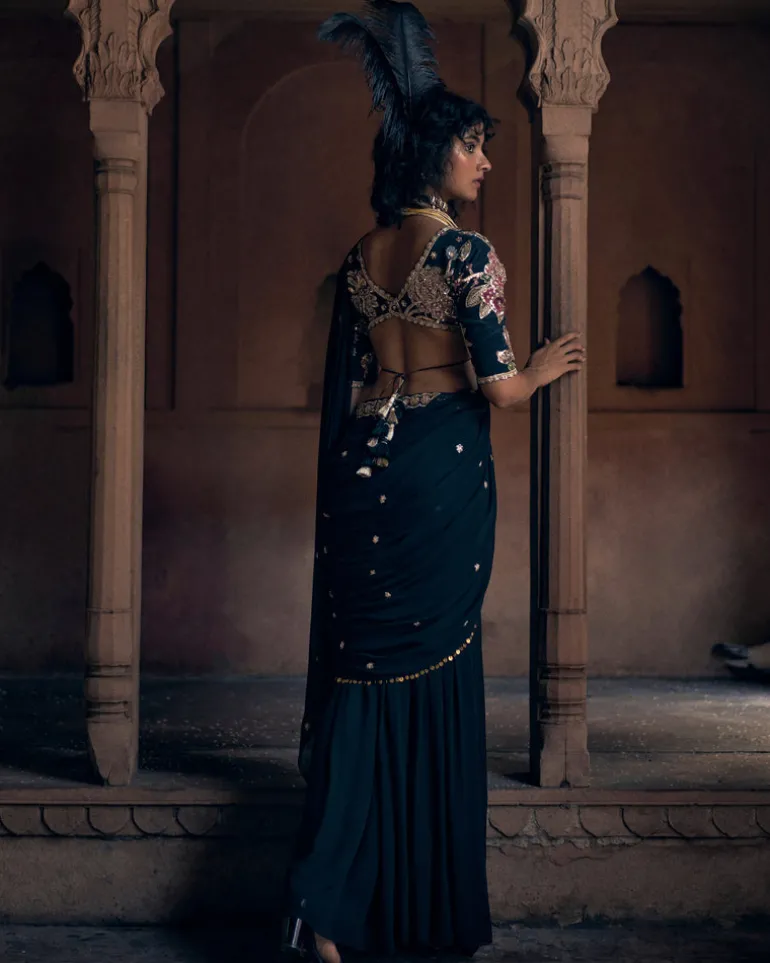 Romantic Black Pre- Draped Cocktail Sari Set