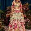Rose Appliqués of Red, Teal, Ivory Silks Lehenga Set