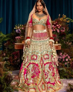 Rose Appliqués of Red, Teal, Ivory Silks Lehenga Set