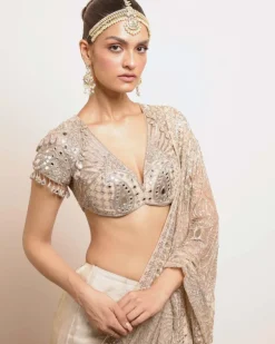 Rose Gold Silk Tissue Godet Sari Set
