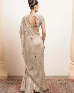 Rose Gold Silk Tissue Godet Sari Set