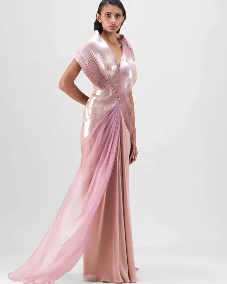 Rose Metallic Micro Pleated Structured Gown