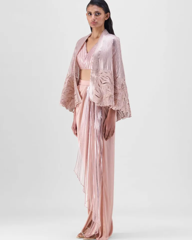 Rose Metallic Organza Cape & Skirt Set
