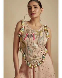 Rose Pink Embroidered Back Tie-Up Choli With Sharara Set
