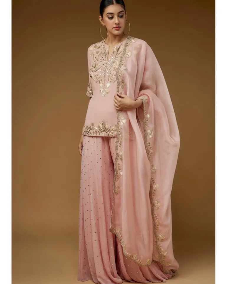 Rose Pink Embroidered Kurta And Sharara Set