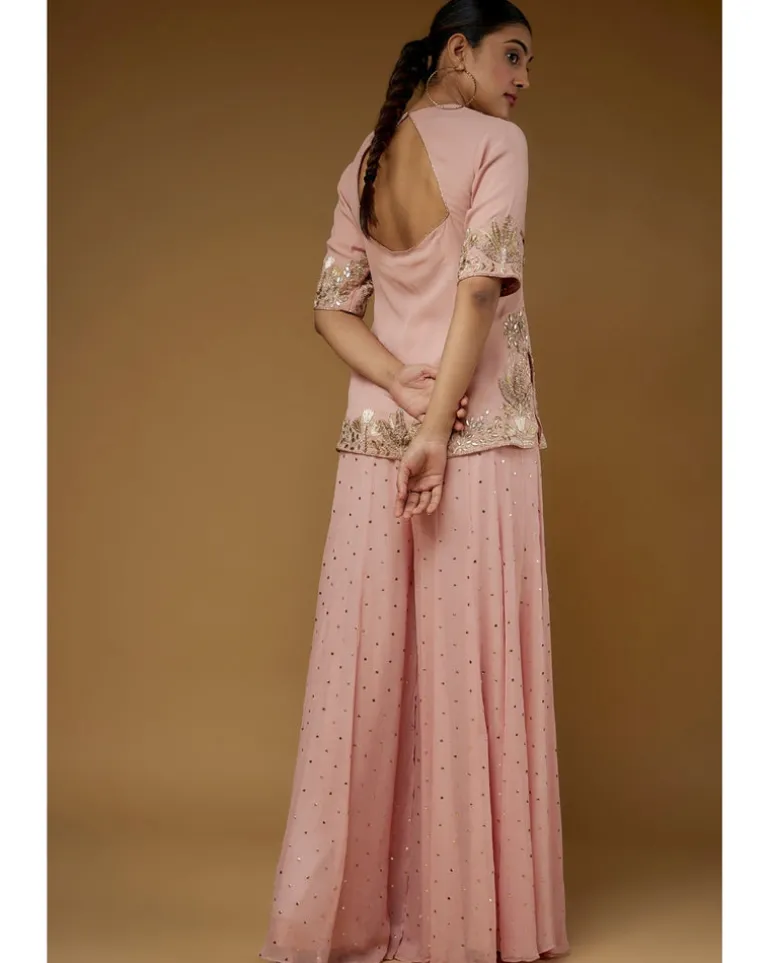Rose Pink Embroidered Kurta And Sharara Set