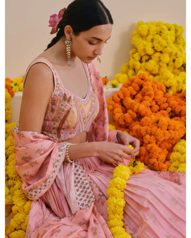 Rose Pink Embroidered Lehenga Set