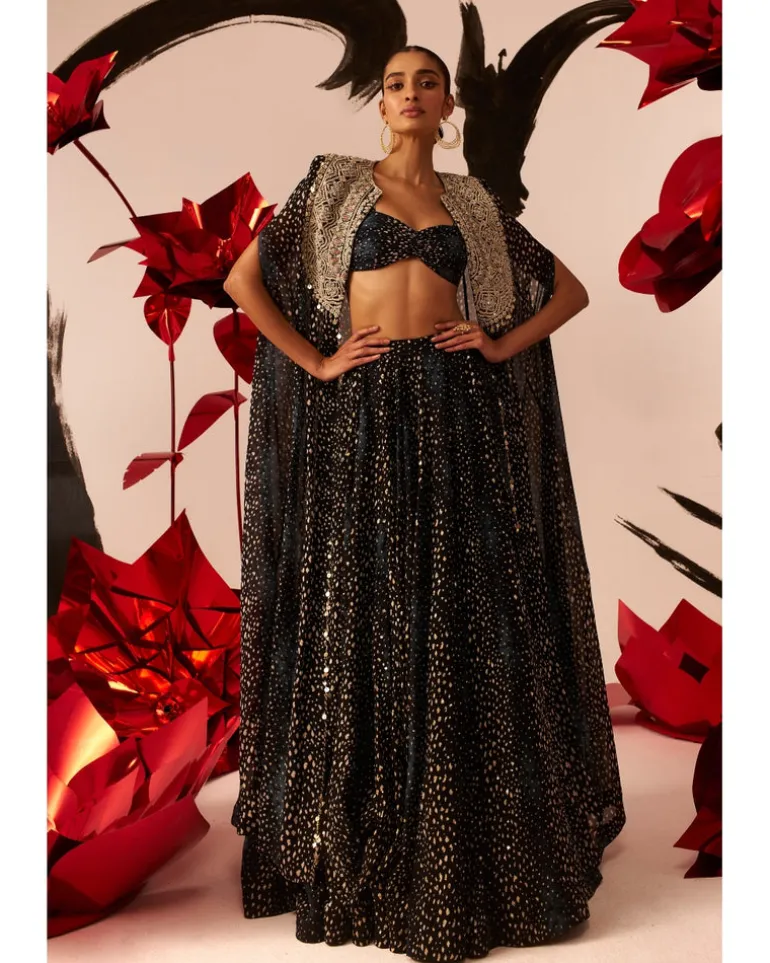 Rosette Embroidered Cape & Skirt Set
