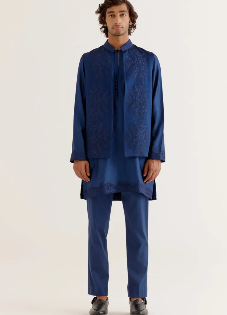 Royal Blue Dori Embroidered Kurta And Bandi Set