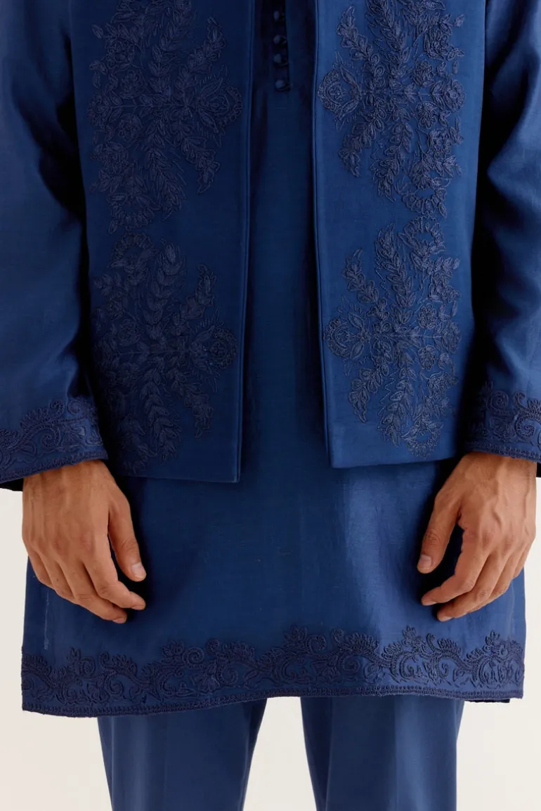 Royal Blue Dori Embroidered Kurta And Bandi Set