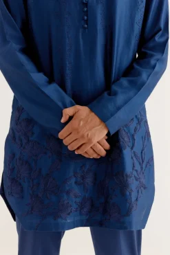 Royal Blue Floral Embroidered Chanderi Short Kurta Set
