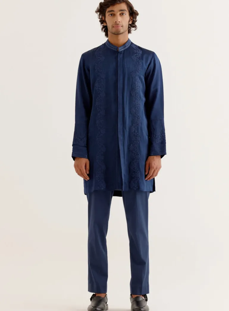 Royal Blue Silk Satin Front-Open Kurta Set