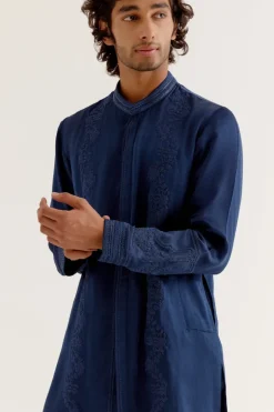 Royal Blue Silk Satin Front-Open Kurta Set