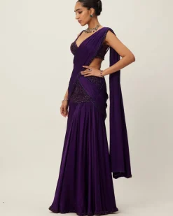 Royalty Purple Pre Draped Crystal Beaded Sari Set