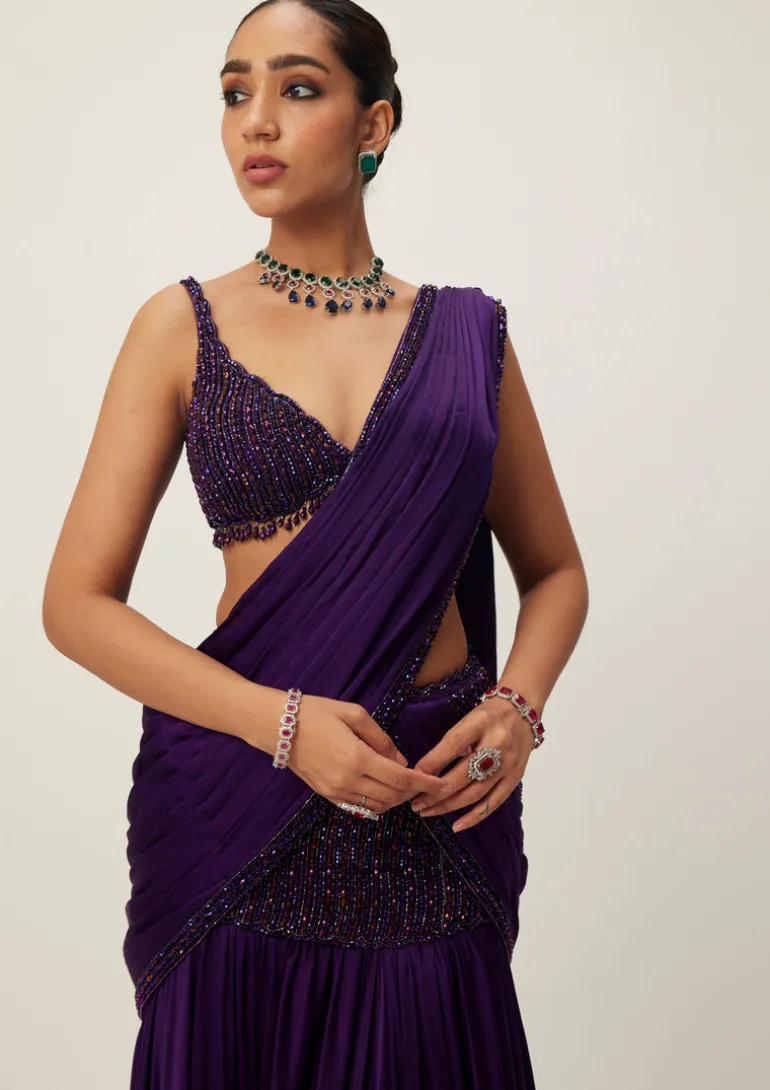Royalty Purple Pre Draped Crystal Beaded Sari Set