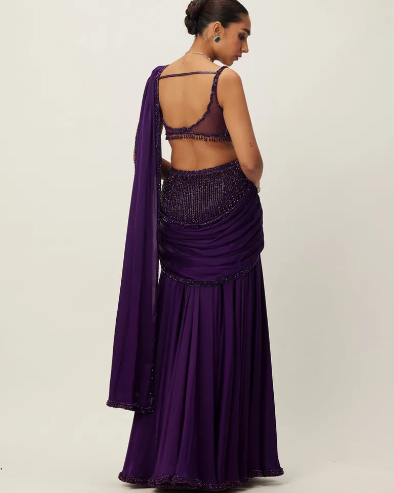Royalty Purple Pre Draped Crystal Beaded Sari Set