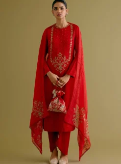 Ruby Red Dori And Sequins Embroidered Kurta And Dhoti Set
