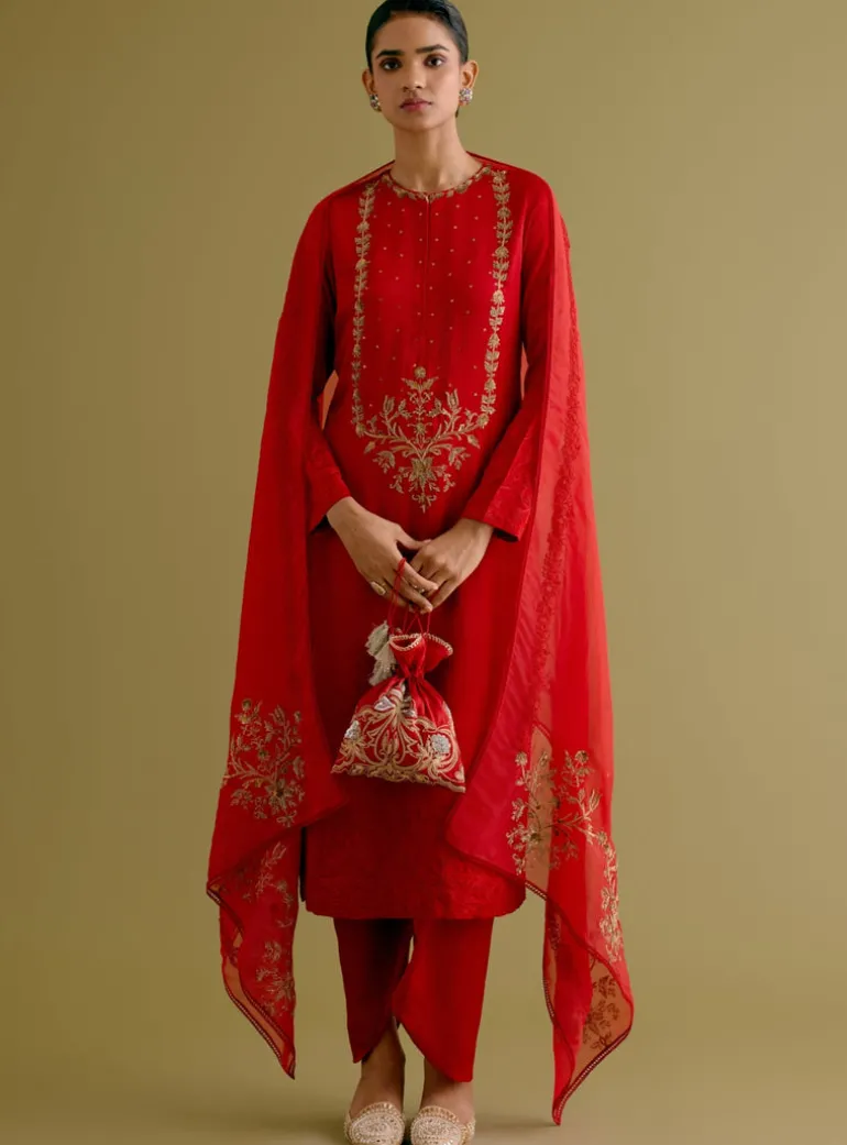 Ruby Red Dori And Sequins Embroidered Kurta And Dhoti Set