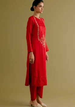 Ruby Red Dori And Sequins Embroidered Kurta And Dhoti Set