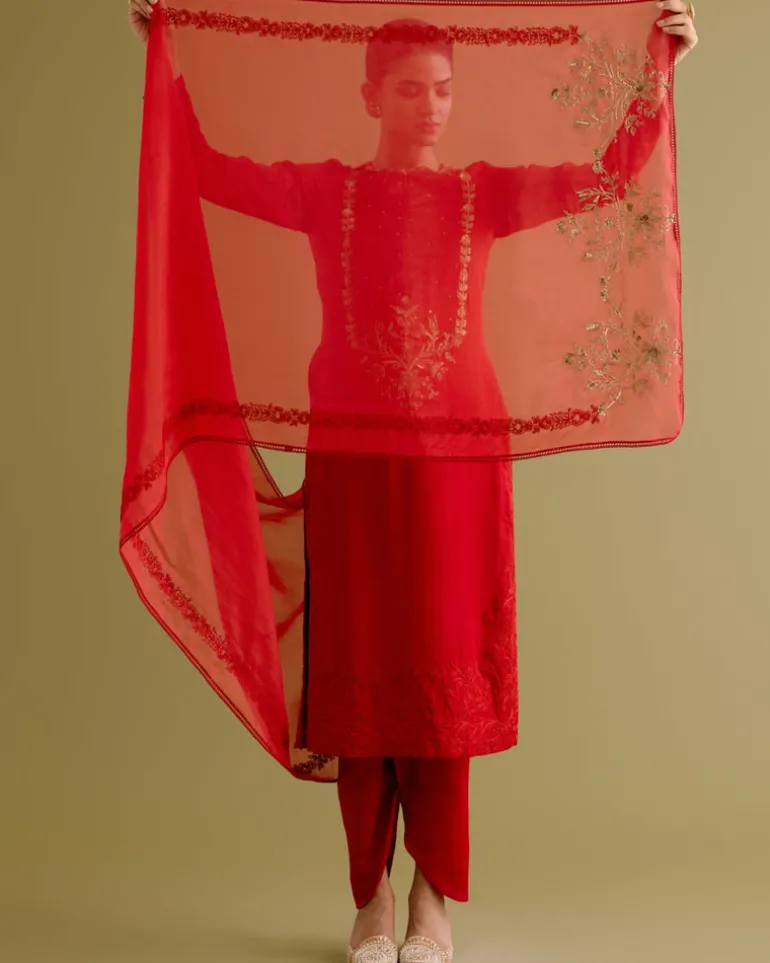 Ruby Red Dori And Sequins Embroidered Kurta And Dhoti Set
