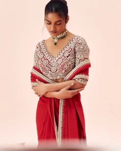 Ruby Red Sari With Embroidered Blouse