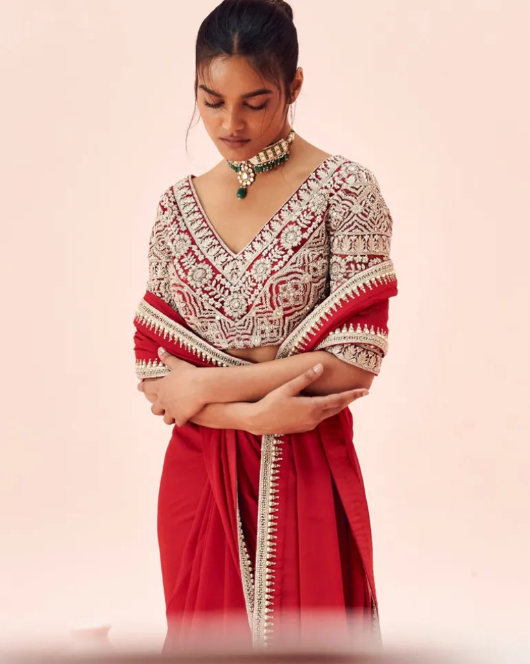 Ruby Red Sari With Embroidered Blouse