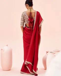 Ruby Red Sari With Embroidered Blouse