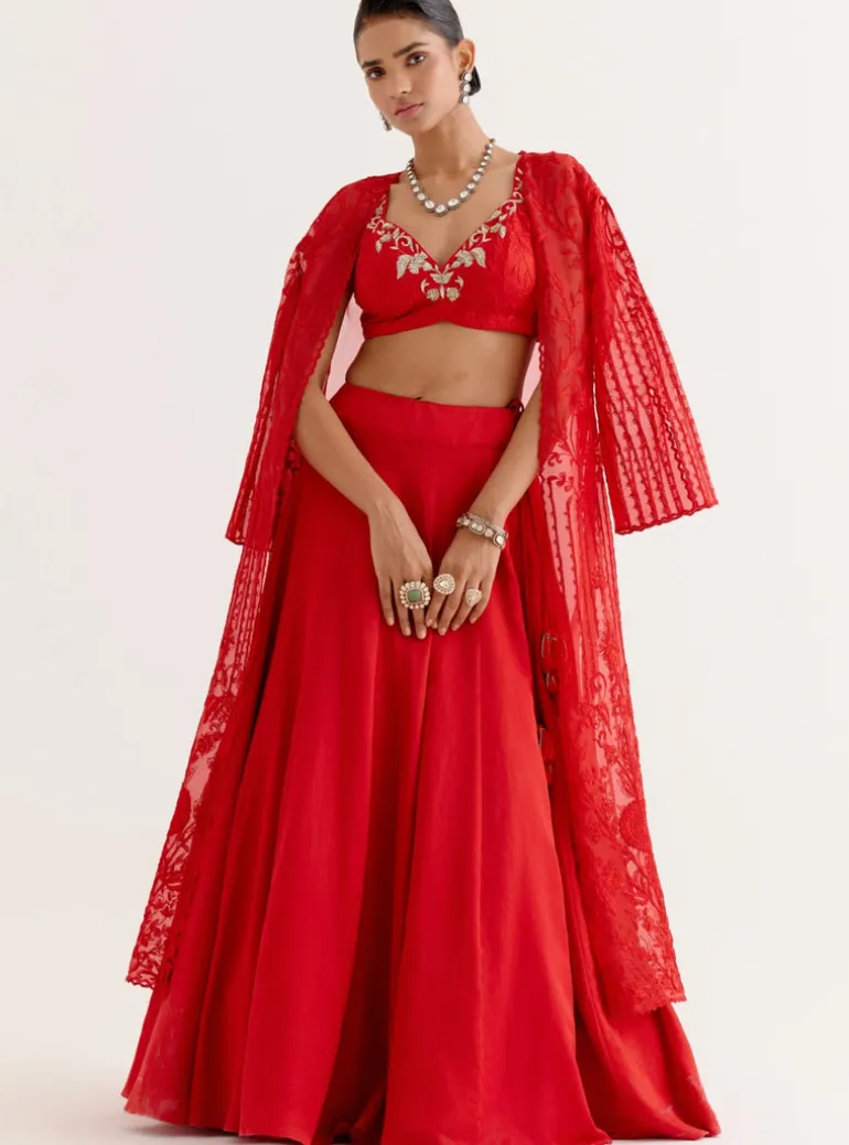 Ruby Red Satin Lehenga And Embroidered Jacket Set