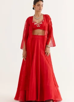 Ruby Red Satin Lehenga And Embroidered Jacket Set