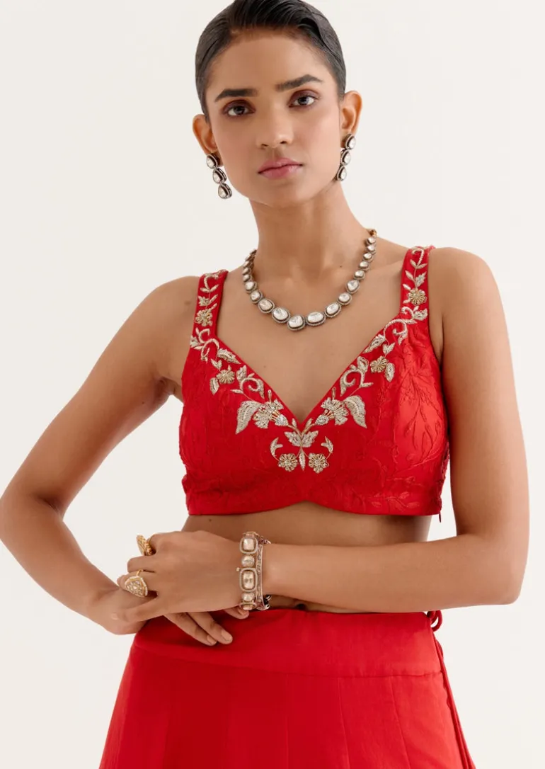 Ruby Red Satin Lehenga And Embroidered Jacket Set