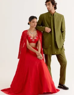 Ruby Red Satin Lehenga And Embroidered Jacket Set