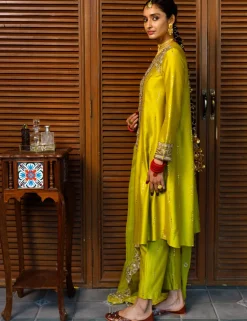 Ruksaan Olive Green Embroidered Yoke Kurta And Pant With Embroidered Dupatta Set