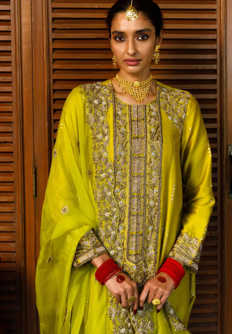 Ruksaan Olive Green Embroidered Yoke Kurta And Pant With Embroidered Dupatta Set