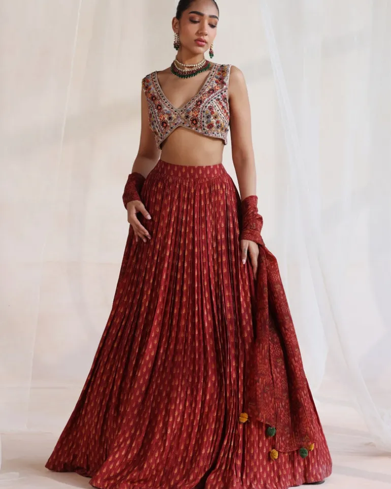 Rust And Ivory Embroidered Skirt Set