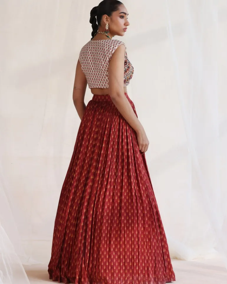Rust And Ivory Embroidered Skirt Set