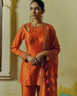 Rust Bandhej Kurta Set