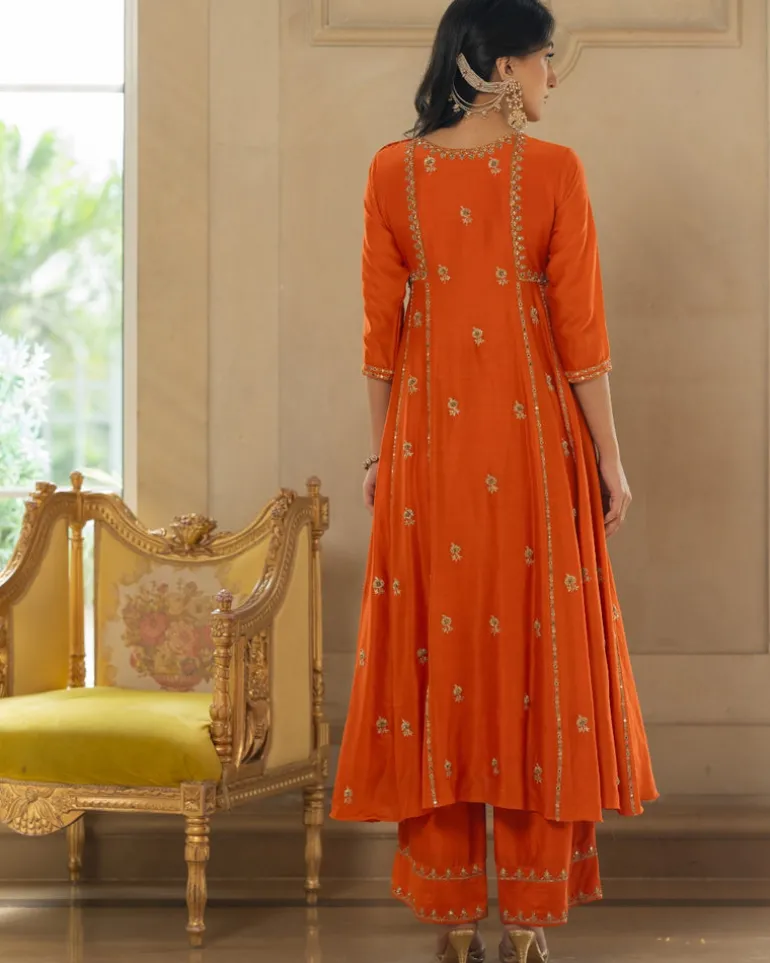 Rust Butti Embroidered Kurta Set